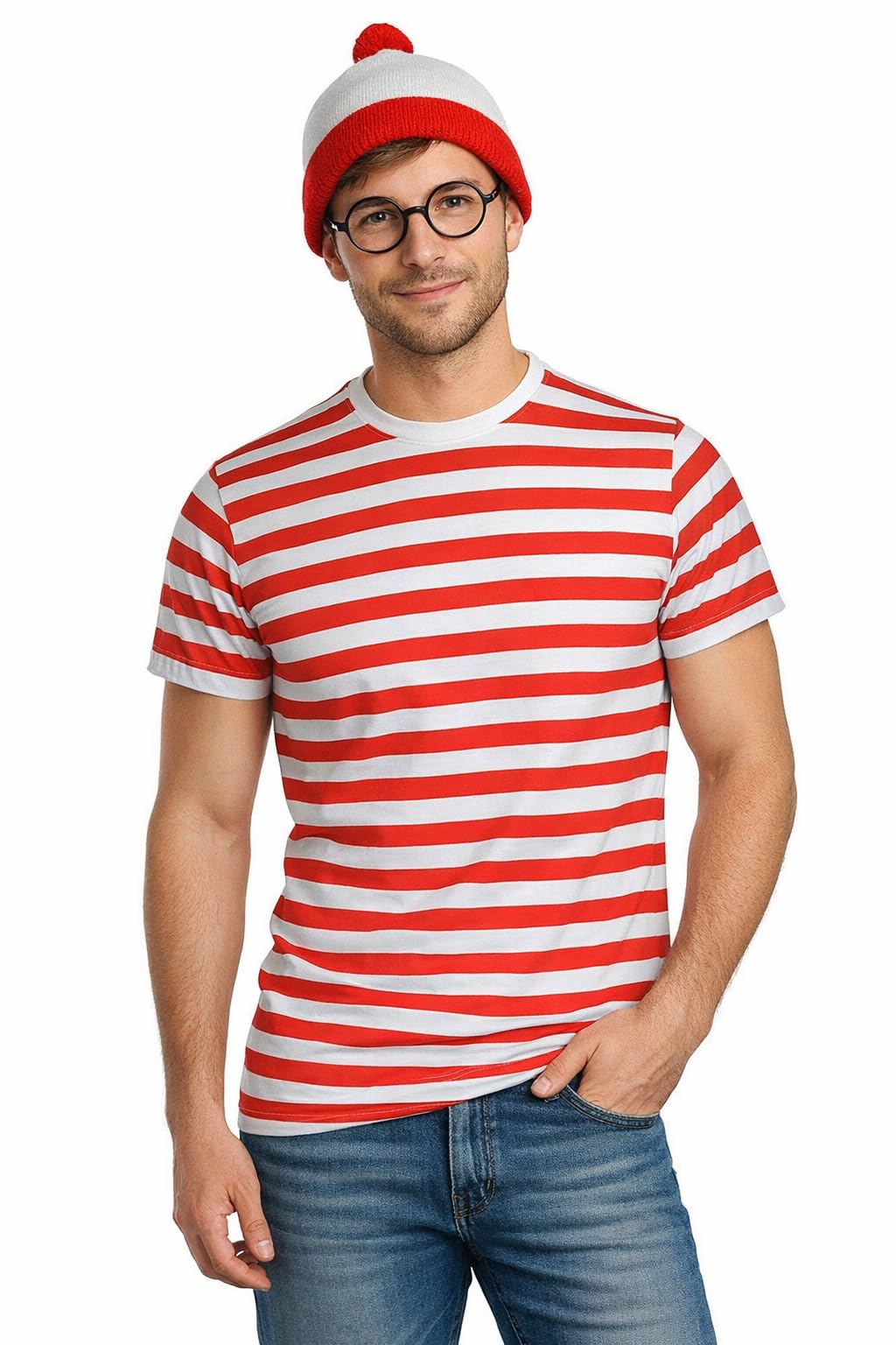 Mens Womens Red White Stripe T-Shirt Hat Glasses Set - Unisex 3 Pcs Book Week Fancy Dress Costume Outfit Large