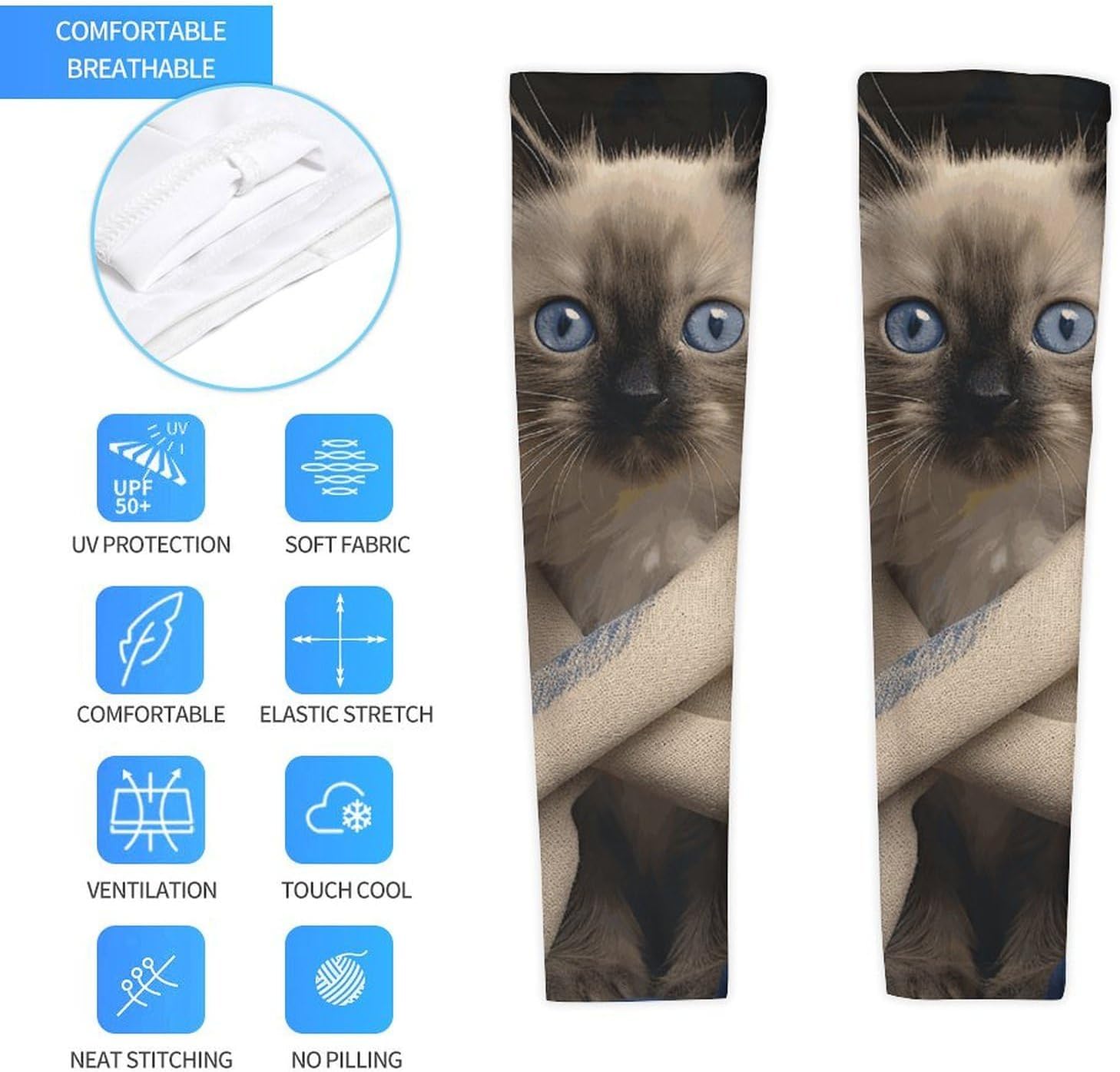 Cat on Blanket Arm Sleeves for Men Women Sun Protection Sleeves Cooling Compression Arm Covers for Sport