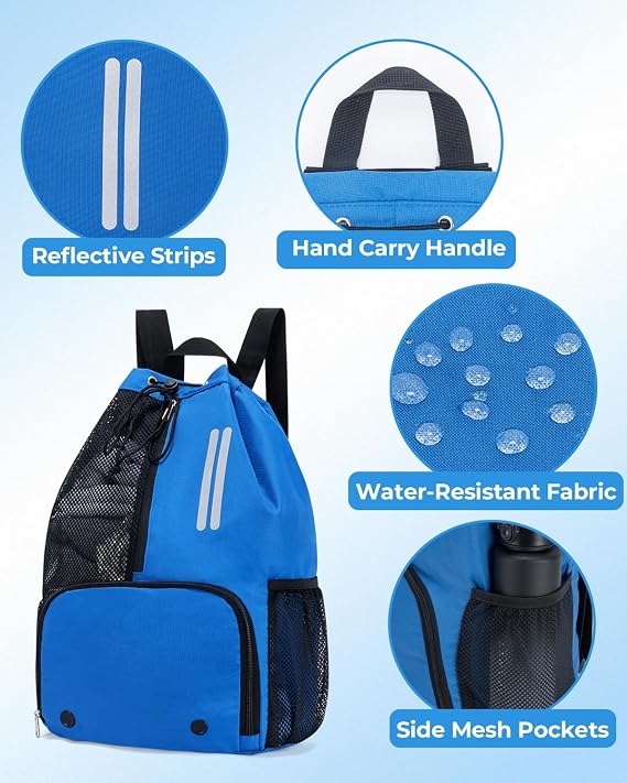 Swim Bag Mesh Drawstring Backpack with Shoe Compartment & Wet Pocket Waterproof Beach Backpack Pool Bag for Swimming, Gym, Travel and Workout Gear (Blue)