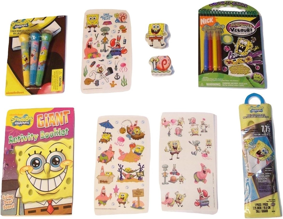 Amazon Com Spongebob Squarepants Activity Gift Set Going Over Board Giant Activity Booklet Tattoos Kite Roller Marker Stamps Surprizes Velour Stickers Spongebob And Gary Erasers 8 Items 1 Bundle Toys Games