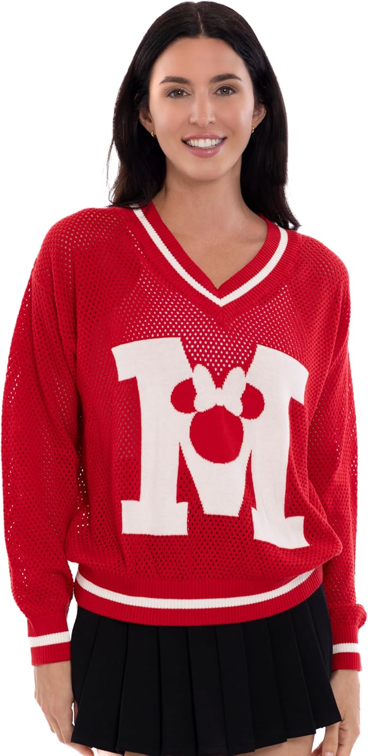Disney Women's Crochet Varsity V-Neck Pullover Sweater Adult Sizes (X-Small - 2XL)