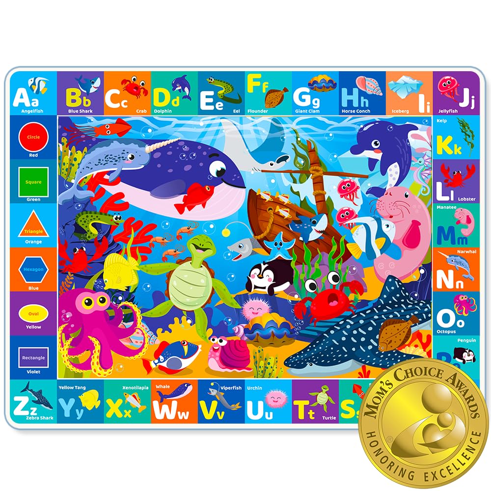 QUOKKA Baby Play Mat for Floor - Ocean ABC Rug for Kids Toddlers Infants - Extra Thick Large Padded Non-Slip Nursery Rug for Babies Crawling and Playing - Foldable Care Mat for Girls and Boys Playroom