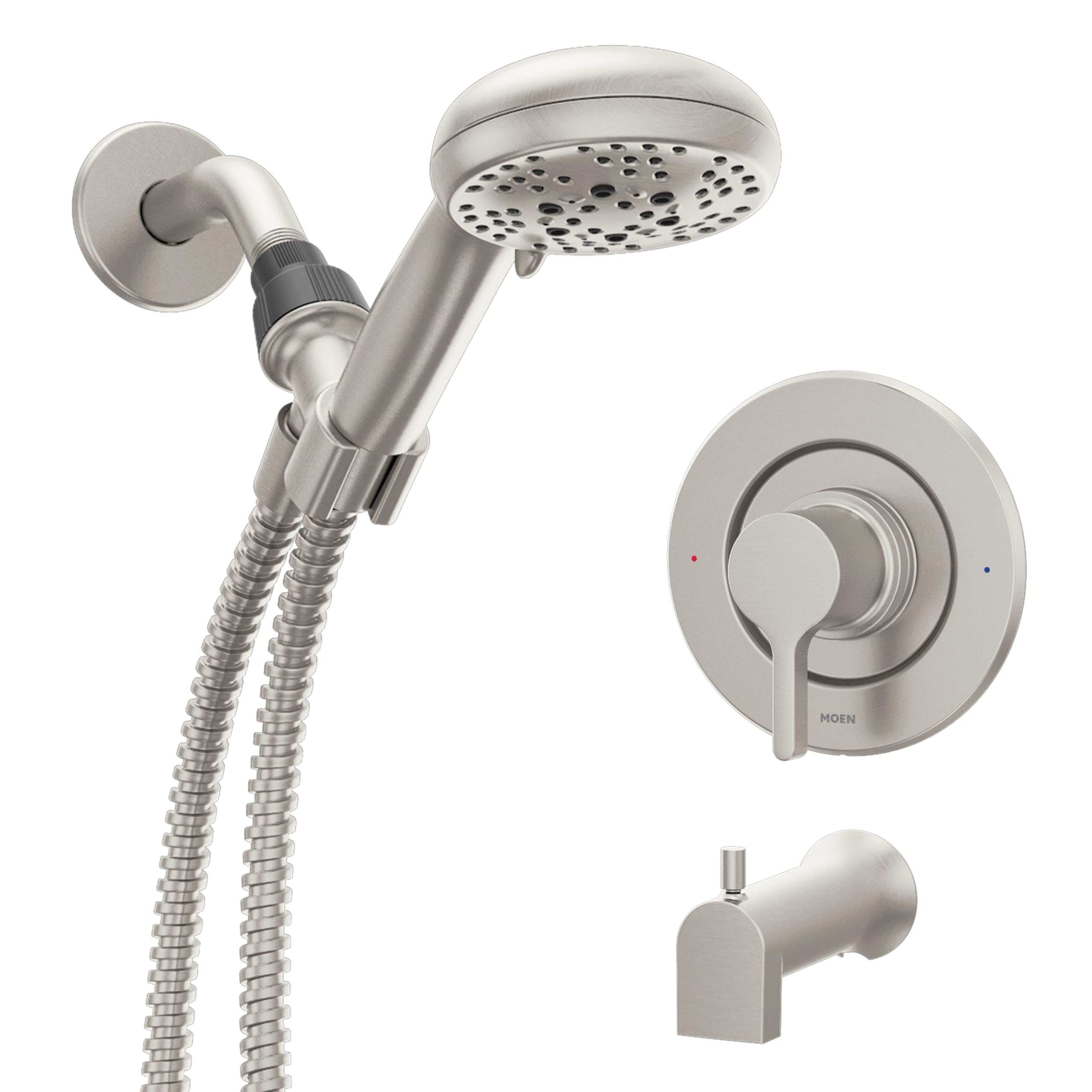 MoenBeric Spot Resist Nickel Single Handle Modern Tub and Shower Faucet with Handshower with Metal Hose, Valve Included, 82775SRN