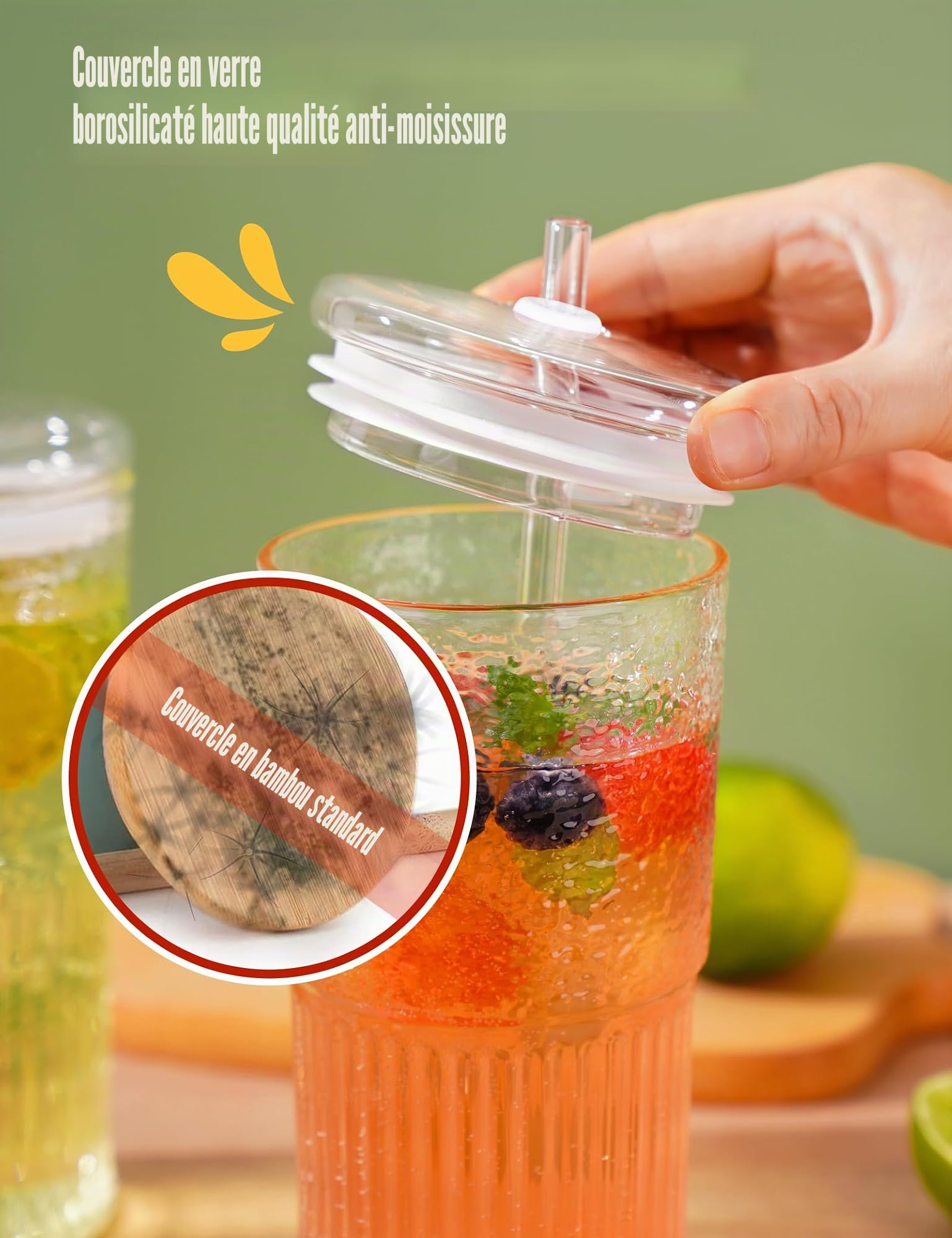NiHome Lot de 2 gobelets en verre borosilicate transparent avec couvercle et paille, 650 ml, pour café glacé, smoothie, thé avec pailles, réutilisables