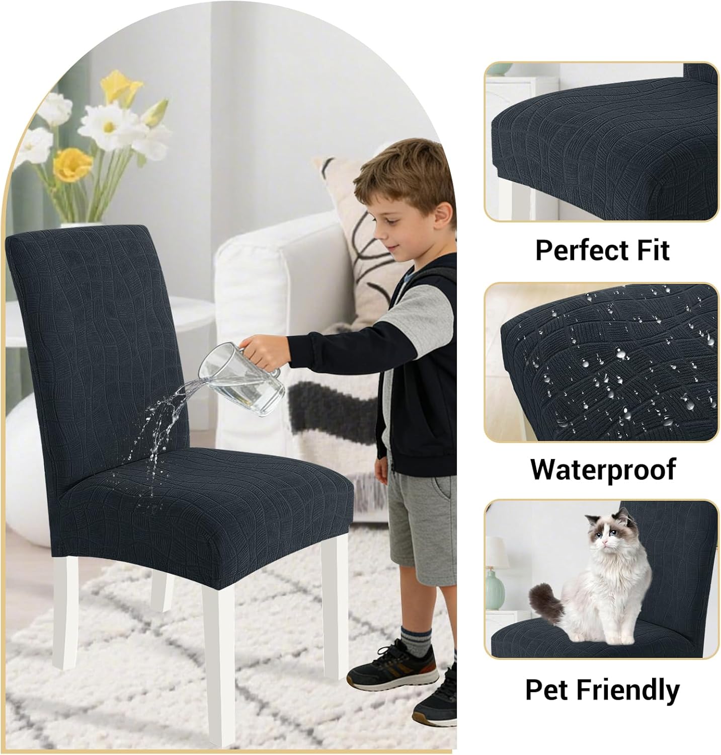 MAXIJIN Waterproof Chair Covers for Dining Chairs Set of 6, Stretch Jacquard Dining Room Chair Cover Removable Washable Parson Chairs Seat Slipcover for Home, Kitchen, Banquet (Dark Gray)