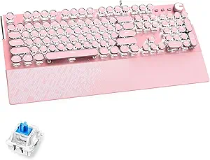 TONIZER Pink Mechanical Gaming Keyboard with White LED Backlit Keyboard with Palm Wrist Typewriter Style USB Wired Gaming Keyboard for PC Mac Laptop (Blue Switch)