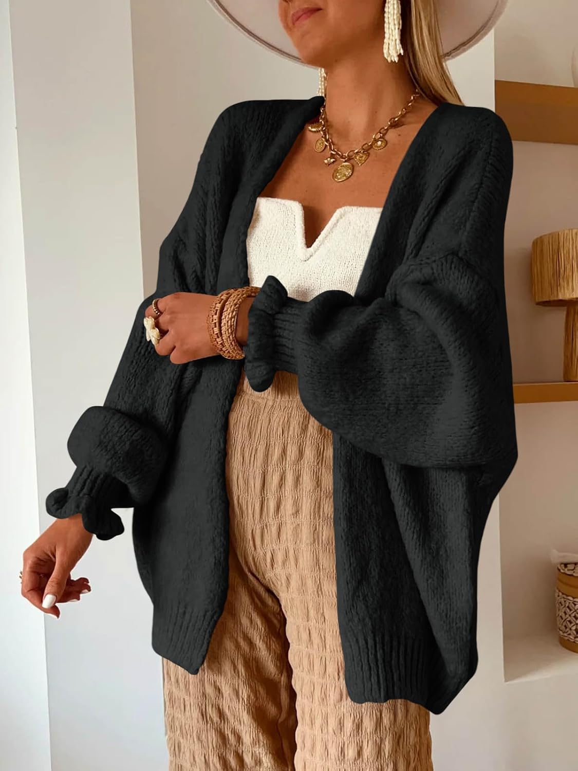 Saodimallsu Womens Oversized Open Front Cardigan Fall Ruffle Lantern Long Sleeve Chunky Knit Loose Sweater Coats - Image 3