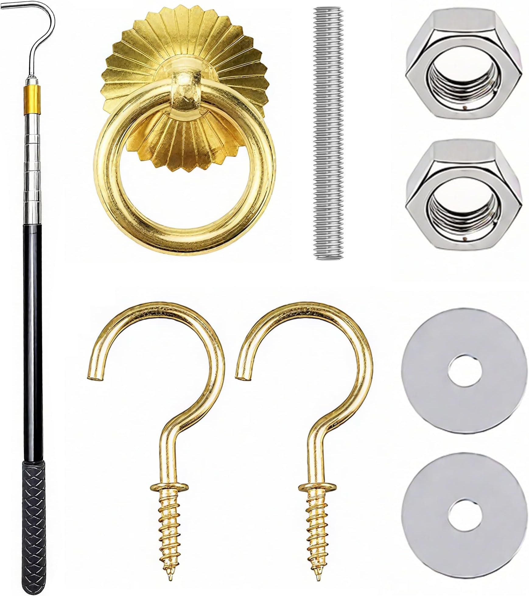 Attic Ladder Pull Down System Kit, 64.6 in Extension, Attic Door Pull, Retractable Pull Rod, Stainless Steel, Brass Pull Ring, Screw Hooks, Hardware Included