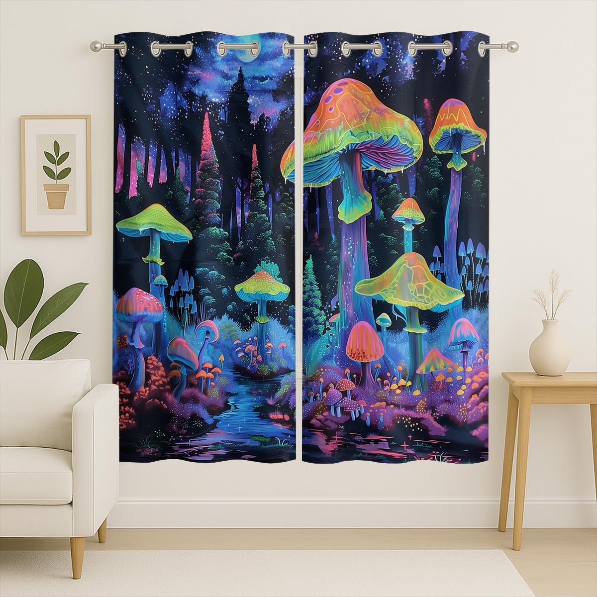 Trippy Mushroom Blackout Curtains for Girls Boys Kids Home Decor, Hippie Visionary Psychedelic Forest Grommet Thermal Insulated Drapes Darkening Window Curtain for Bedroom Living Room, 72 x 63 Inch