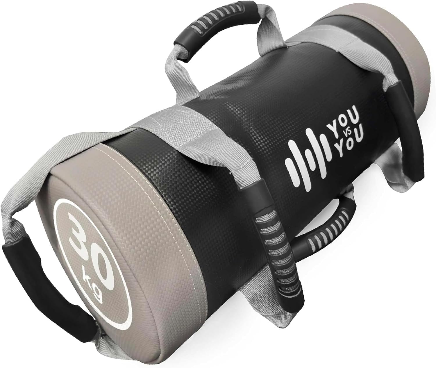 Black and grey core exercise sandbag with grip handles