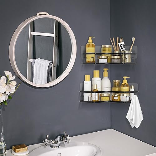 Miniatura 9 de Organizador de ducha de esquina, paquete de 2 organizadores adhesivos de ducha de baño, estante de ducha negro sin perforaciones para ducha