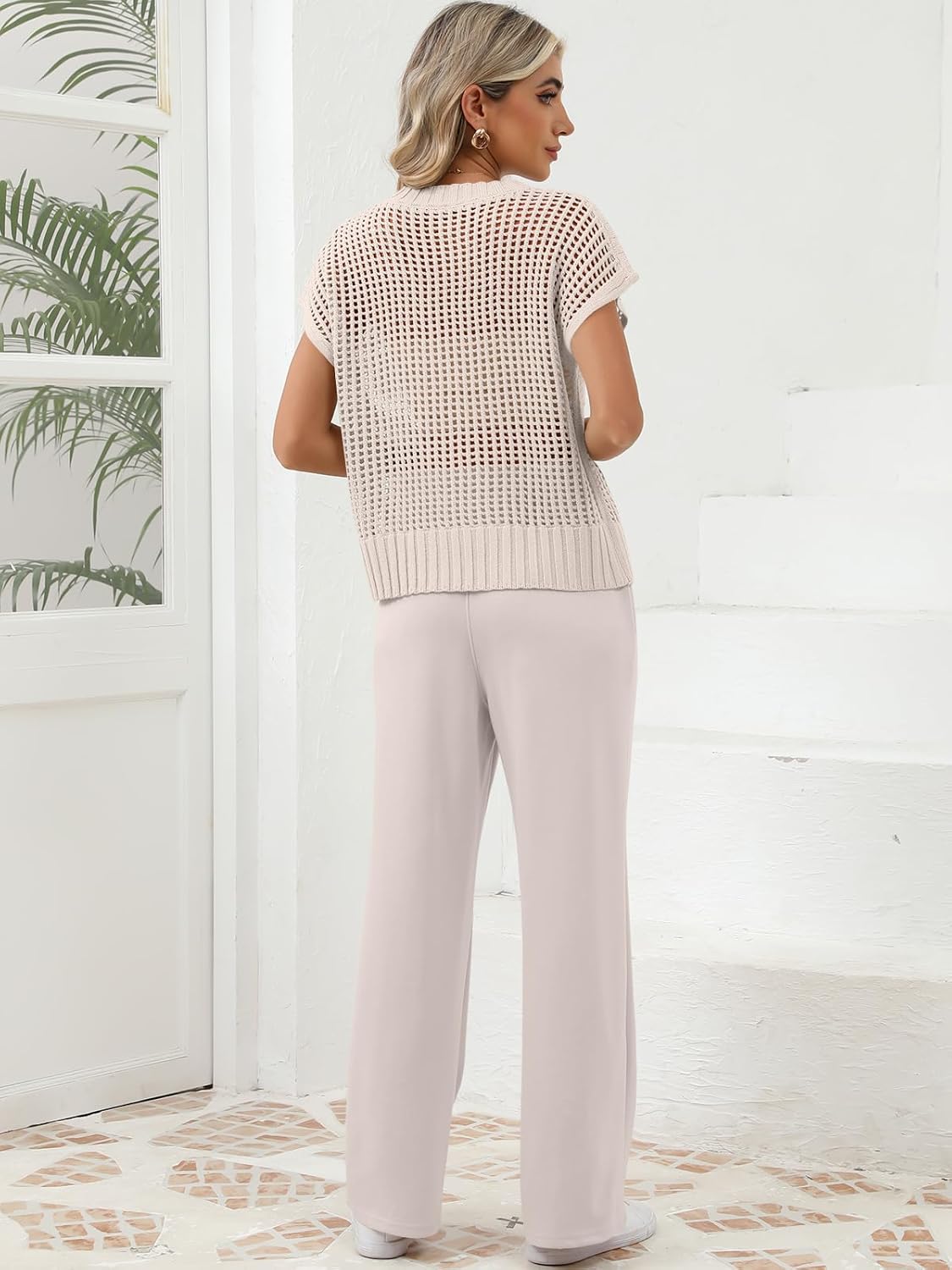 Women Two Piece Outfits Crochet Sheer Knit Sweater Top Wide Leg Pants Lounge Matching Sets Sweatsuit Travel Clothes - Image 7