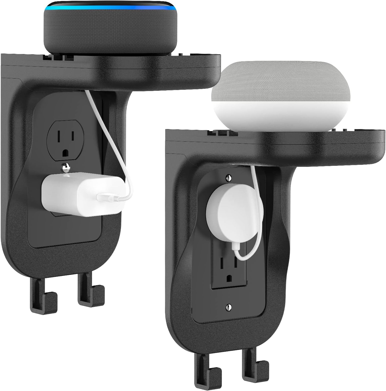 WALI Wall Bathroom Shelf Standard Vertical Duplex GFCI Decorative Outlet for Cell Phone, Dot, Google Home Speaker up to 20lbs with Cable Management and Detachable Hooks (OSH002-B), Black