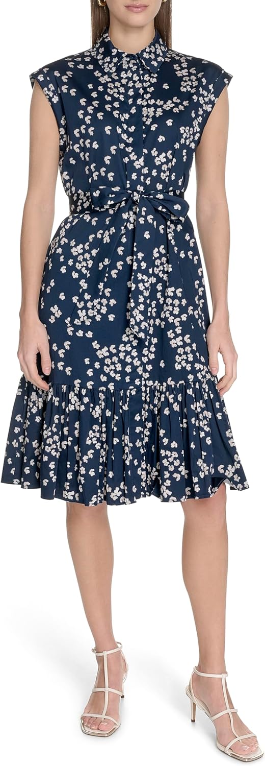 Calvin Klein Womens Cap Sleeve Collar Tie Waist Knee Length Shirtdress