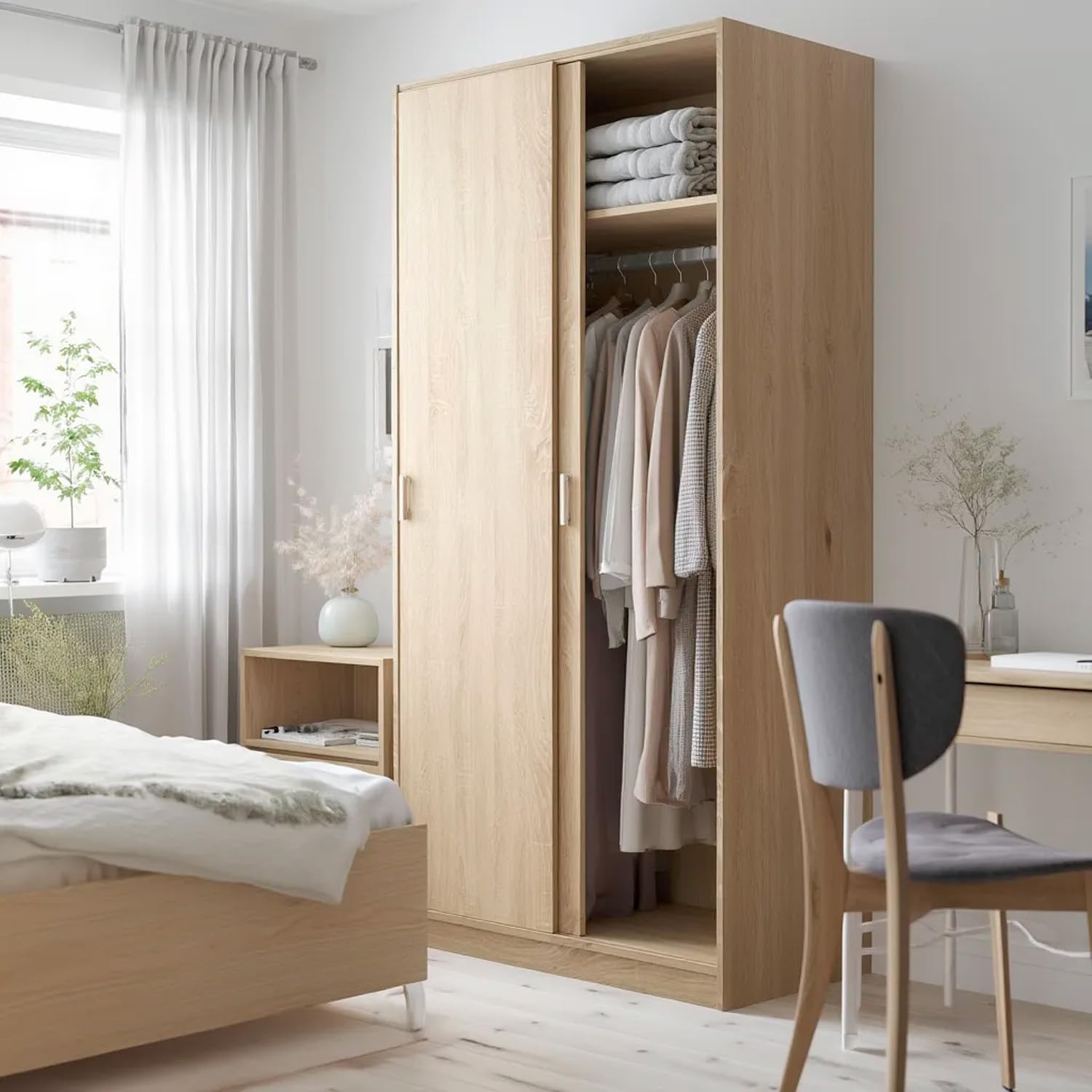 Bricozone Armadio 2 Ante Scorrevoli Con Appendiabiti E Ripiano Superiore Salvaspazio Design Moderno In Rovere Per Camera Da Letto E Cameretta Mobile Contenitore 200 x 100 x 50 Cm