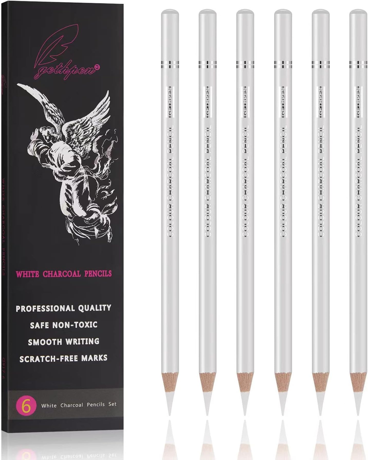 GETHPEN Professional White Charcoal Pencils Set - 6 Pieces Sketch Highlight White Pencils for Drawing, Sketching, Shading, Blending - Beginners & Artists