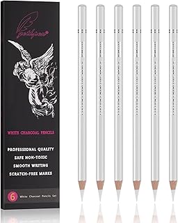 Professional White Charcoal Pencils Set - 6 Pieces Sketch Highlight White Pencils for Drawing, Sketching, Shading, Blending, White Chalk Pencils for Beginners & Artists