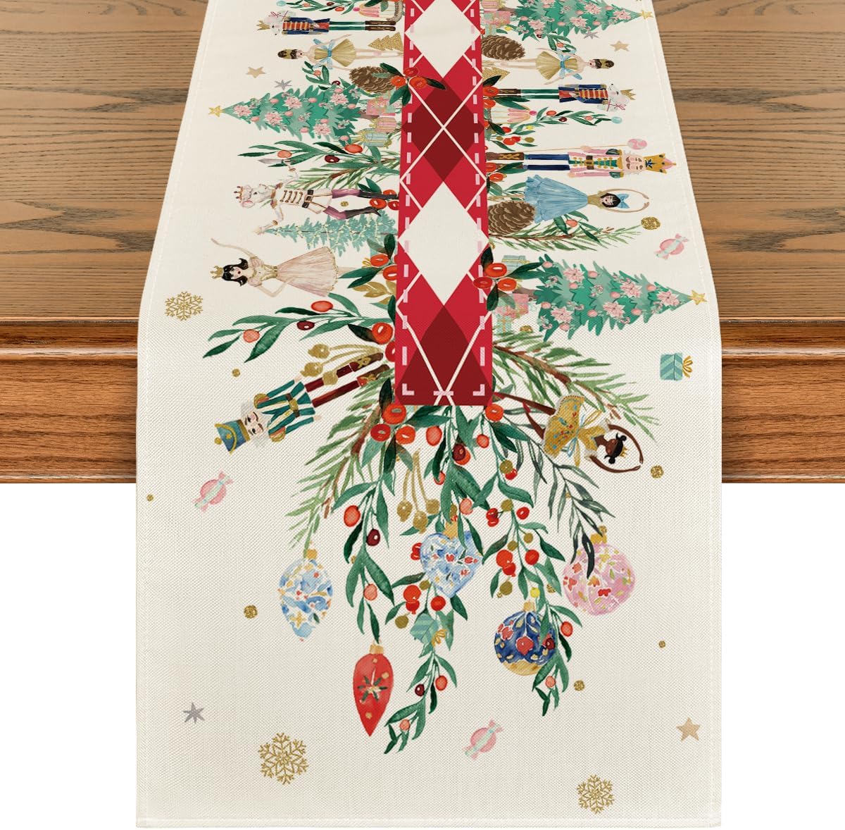 Artoid Mode Red Nutcracker Floral Holly Christmas Table Runner, Seasonal Winter Kitchen Dining Table Decoration for Home Party Decor 13x72 Inch