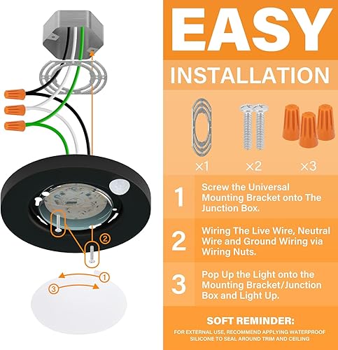 Miniatura 4 de JULLISON Luz de techo LED negra con sensor de movimiento 5CCT seleccionable en campo de 4 pulgadas, luz de armario con cable de 120 V, 10 vatios,