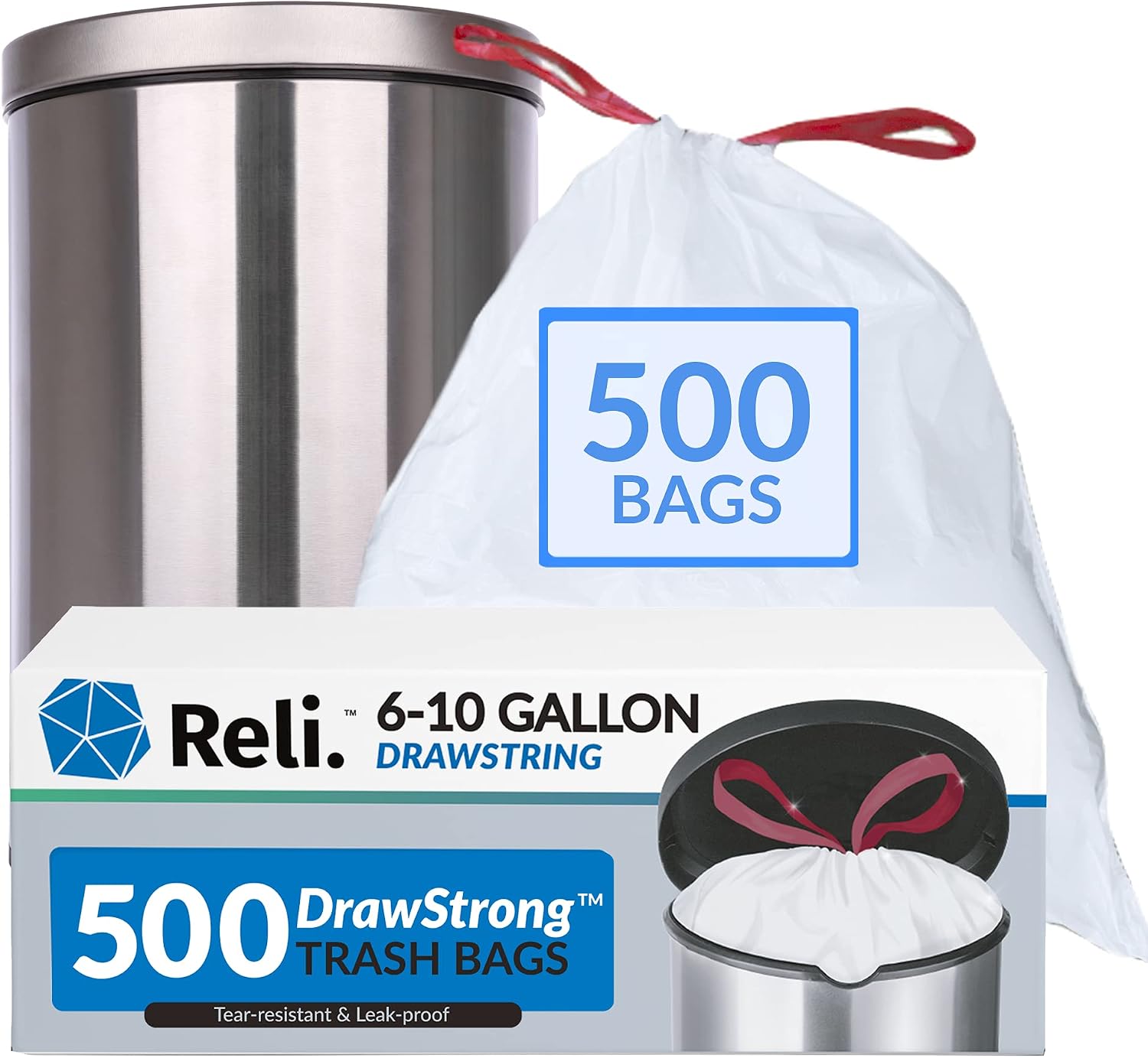 Reli. 6-10 Gallon Trash Bags Drawstring | 500 Count Bulk | 22"x23" | 6, 8, 10 Gallon Drawstring Garbage Bags | White Trash Can Liners | Small - Medium Bags