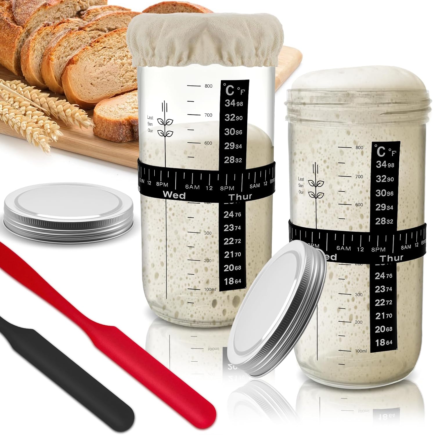 Sourdough Starter Jar Glass 2 Pack 34OZ Sourdough Starter Kit Sourdough Jar,Sour Dough Starter Jars with Marked Feeding Band,Scraper, Cloth Cover and aluminum Lid,Large Wide Mouth Jars