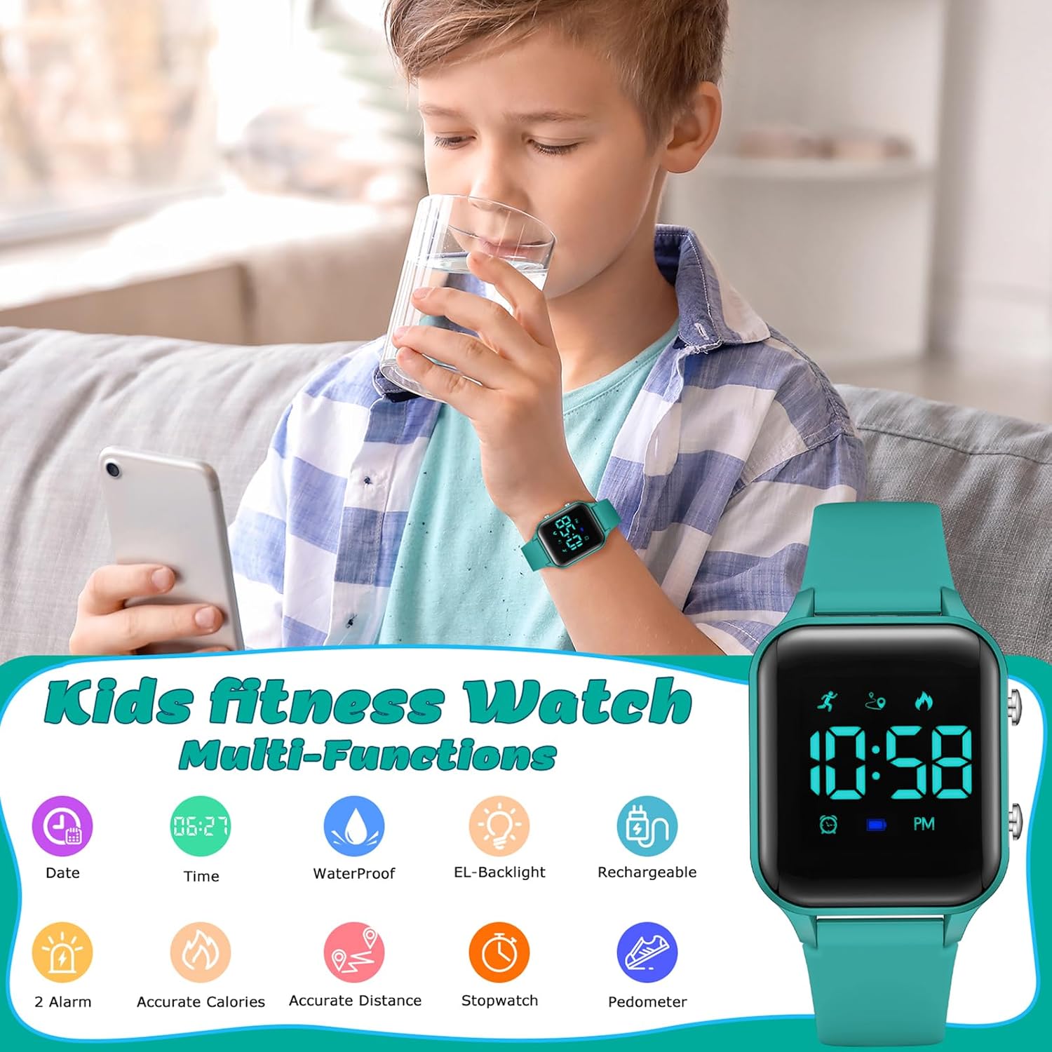 A young boy sleeping peacefully with the Timever watch on his wrist. An animated alarm clock icon with vibration waves indicates the silent vibrating alarm feature.