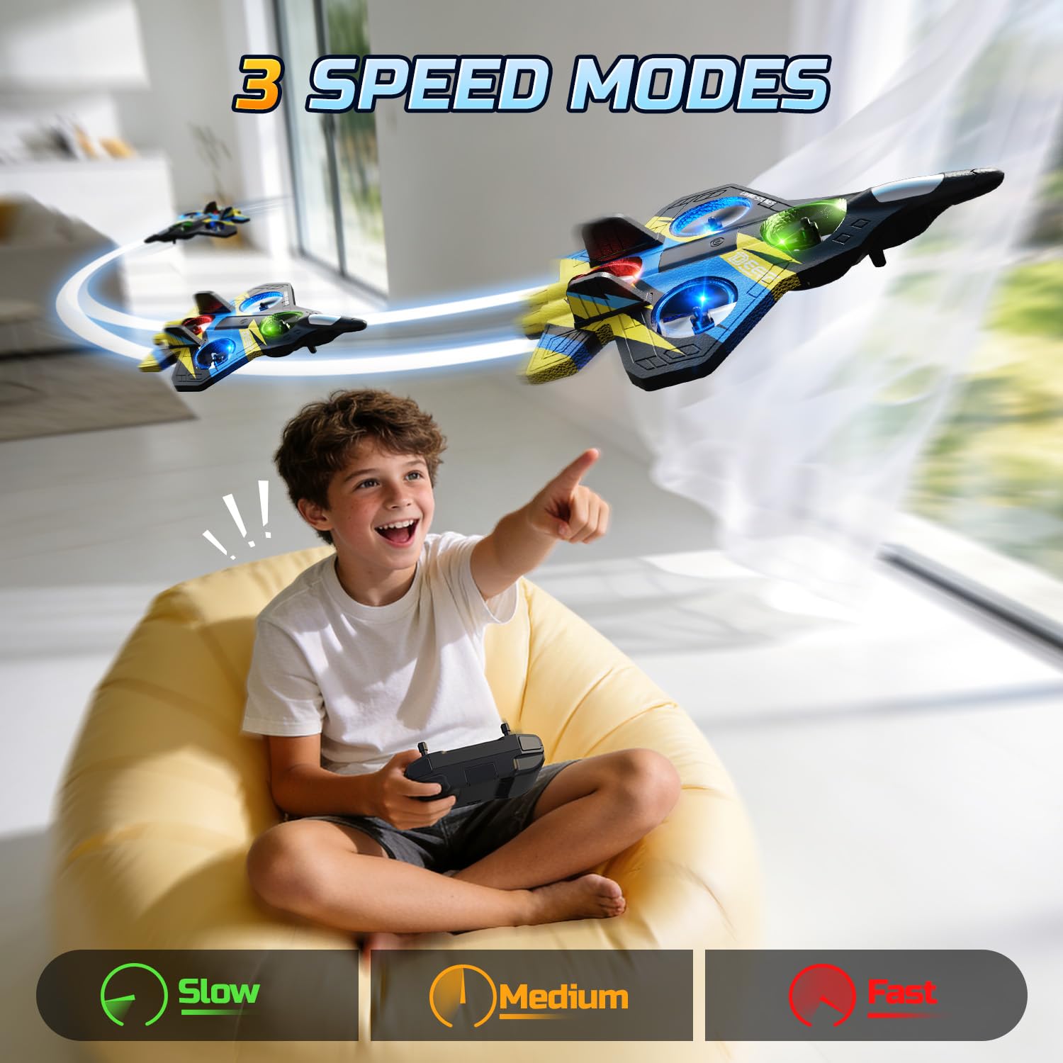 DEERC Avion Télécommandé RC Chasse avec Lumières, Flip 360° pour Enfants, Bleu Jaune