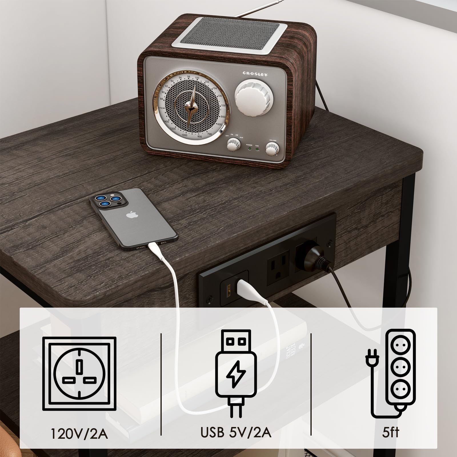 Fixwal End Table with Charging Station, Narrow Side Table with Charging Station, 3-Tier Nightstand with Storage Shelf, Side Table for Living Room, Bedroom, Grey and Black