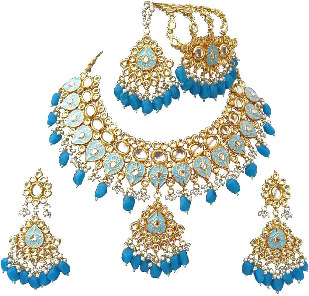Retailbees Meena Kundan Indian Bridal Wedding Designer Gold Plated Pearls Choker Necklace Jewelry Set
