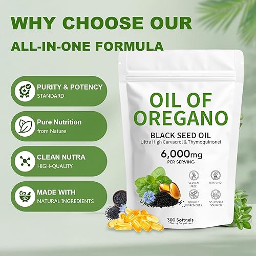 Miniatura 5 de Auvely Aceite de orégano de 6,000 mg con aceite de semilla negra, fórmula 2 en 1 para apoyo inmunológico y salud digestiva, sin OMG y sin gluten,