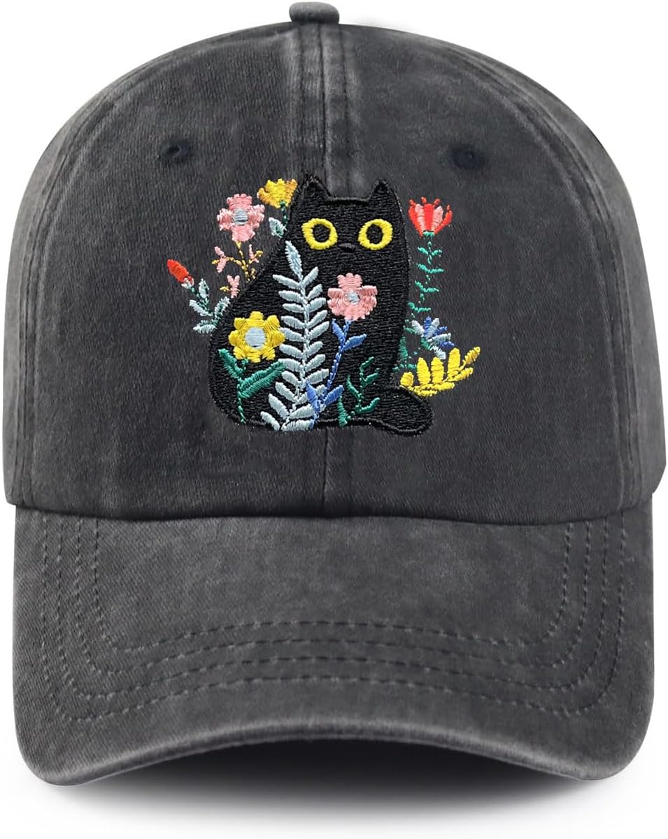 Black Cat Hat,Ragdoll Cat Embroidered Adjustable Cotton Baseball Cap for Men Women,Gifts for Cat Lovers
