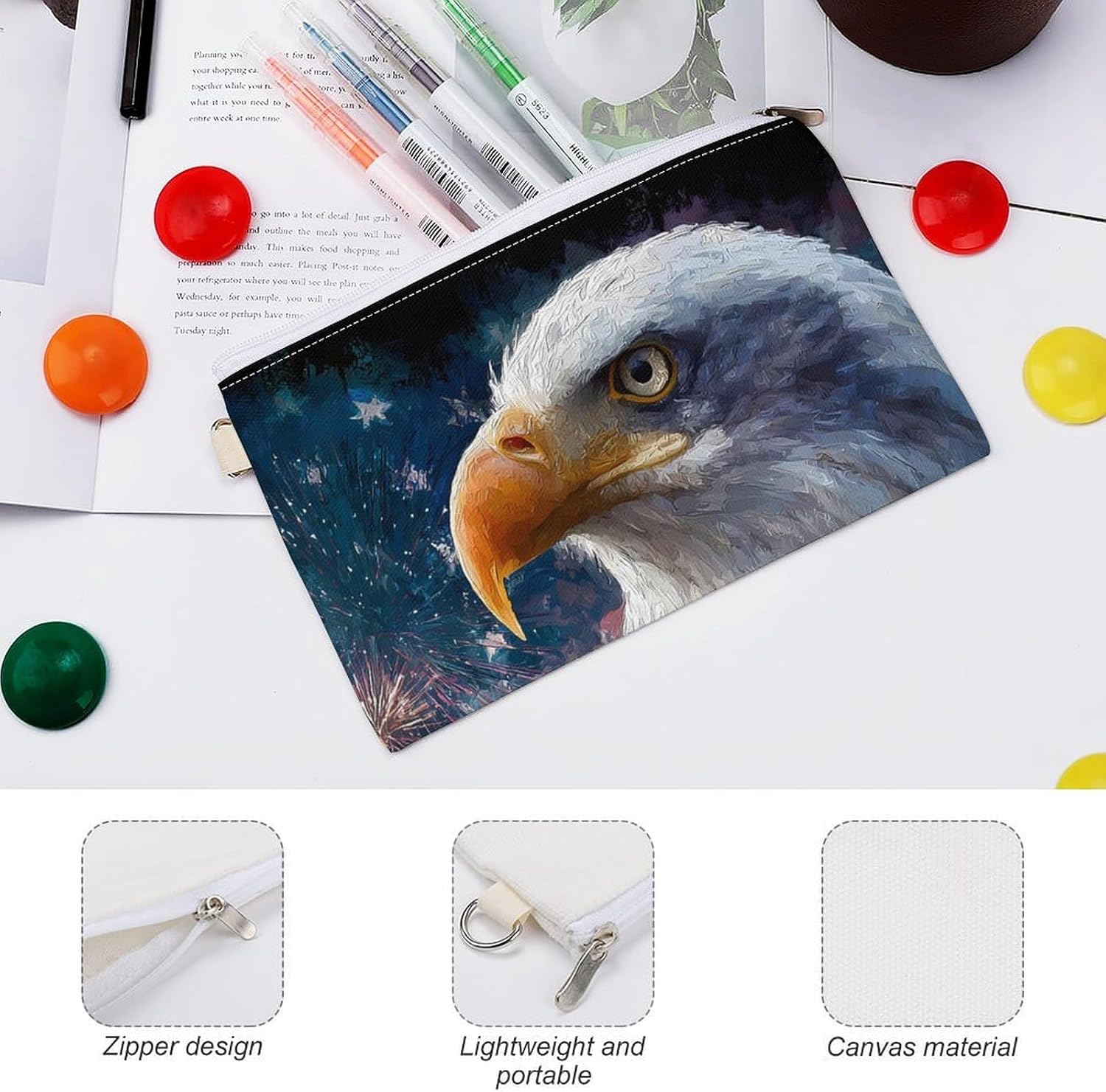 Watercolor Baldeagle U.S.A. Flag Coin Purse Pouch Wallet Change Holder Zippered Makeup Bag For Men And Women