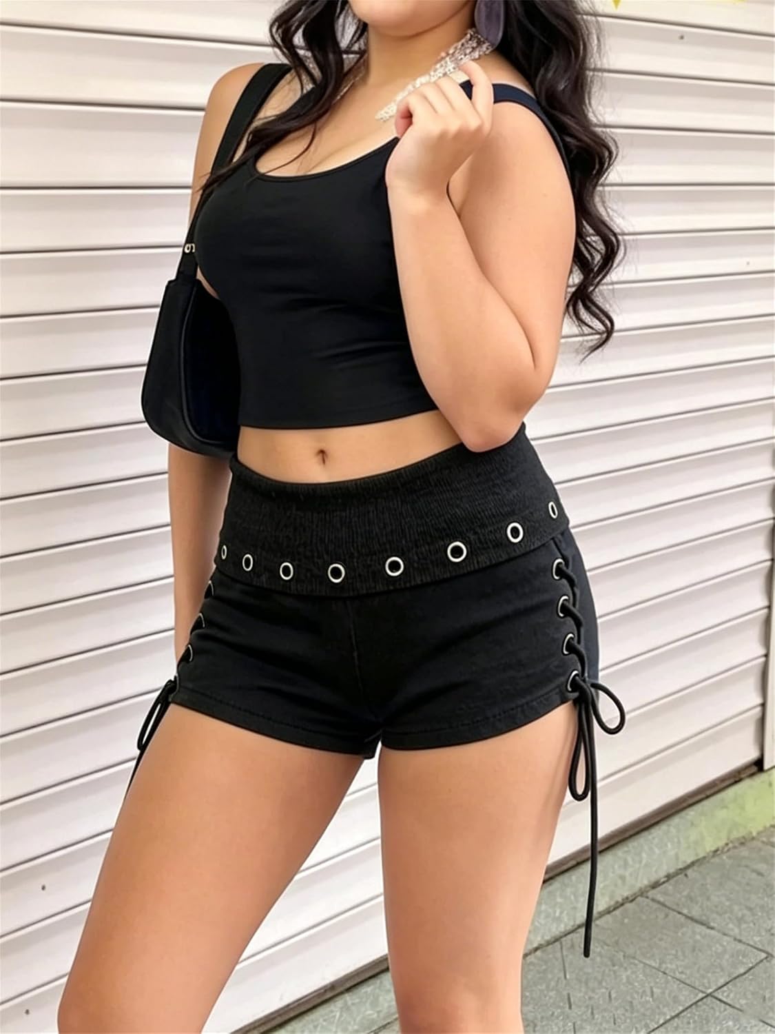 Women Y2k Grommet Eyelet Fold Over Shorts Vintage Grunge Low Rise Slim Fit Micro Shorts Punk Going Out Rave Bottoms