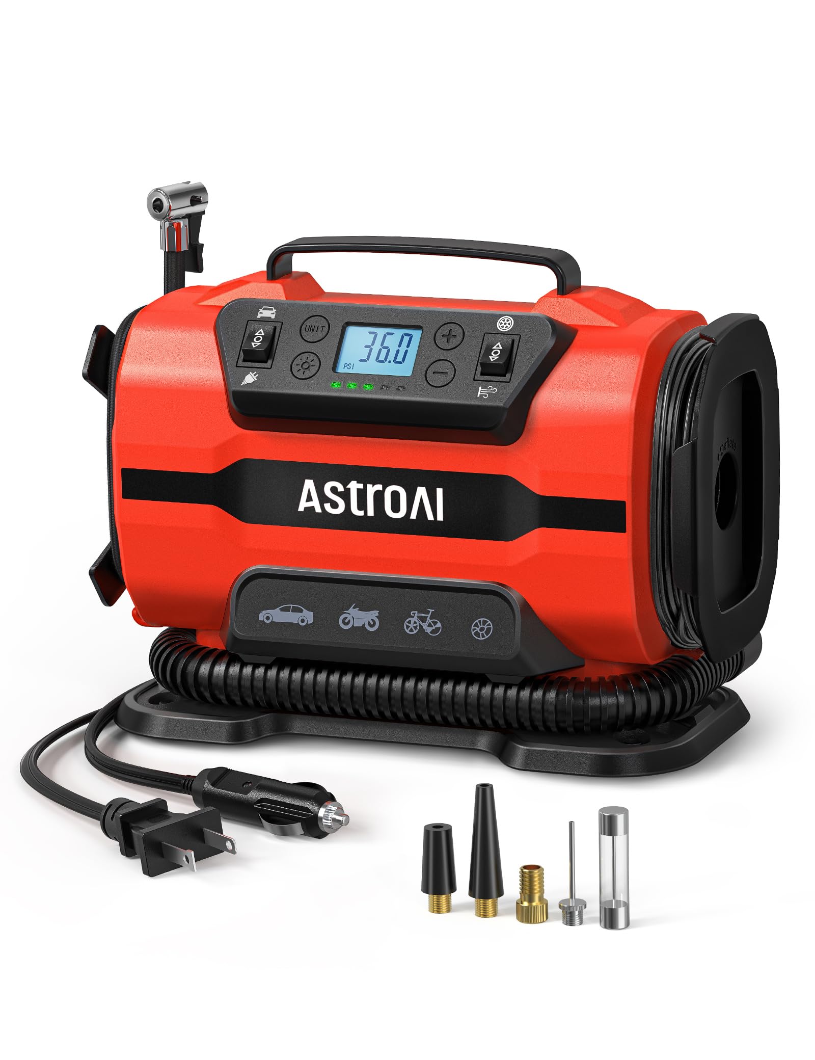 AstroAI エアーコンプレッサー 電動空気入れ 5 in 1 タイヤ・プール 自動車用 AC/DC給電 150 PSI 自動電源オフ メモリ機能 LEDライト五種類変換ノズル 仏式/米式/英式 全バルブ対応 バイク 自転車 エアマットレス 浮き輪 ボール パドリングプール レッド