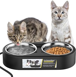 Heated Water Bowl for Outdoor Cats, Outdoor Heated Pet Bowl with Double Removable Stainless Bowl 47OZ, Heated Water Bowl for Chickens, Dogs and Cats, Provide Warm Water and Food in Winter