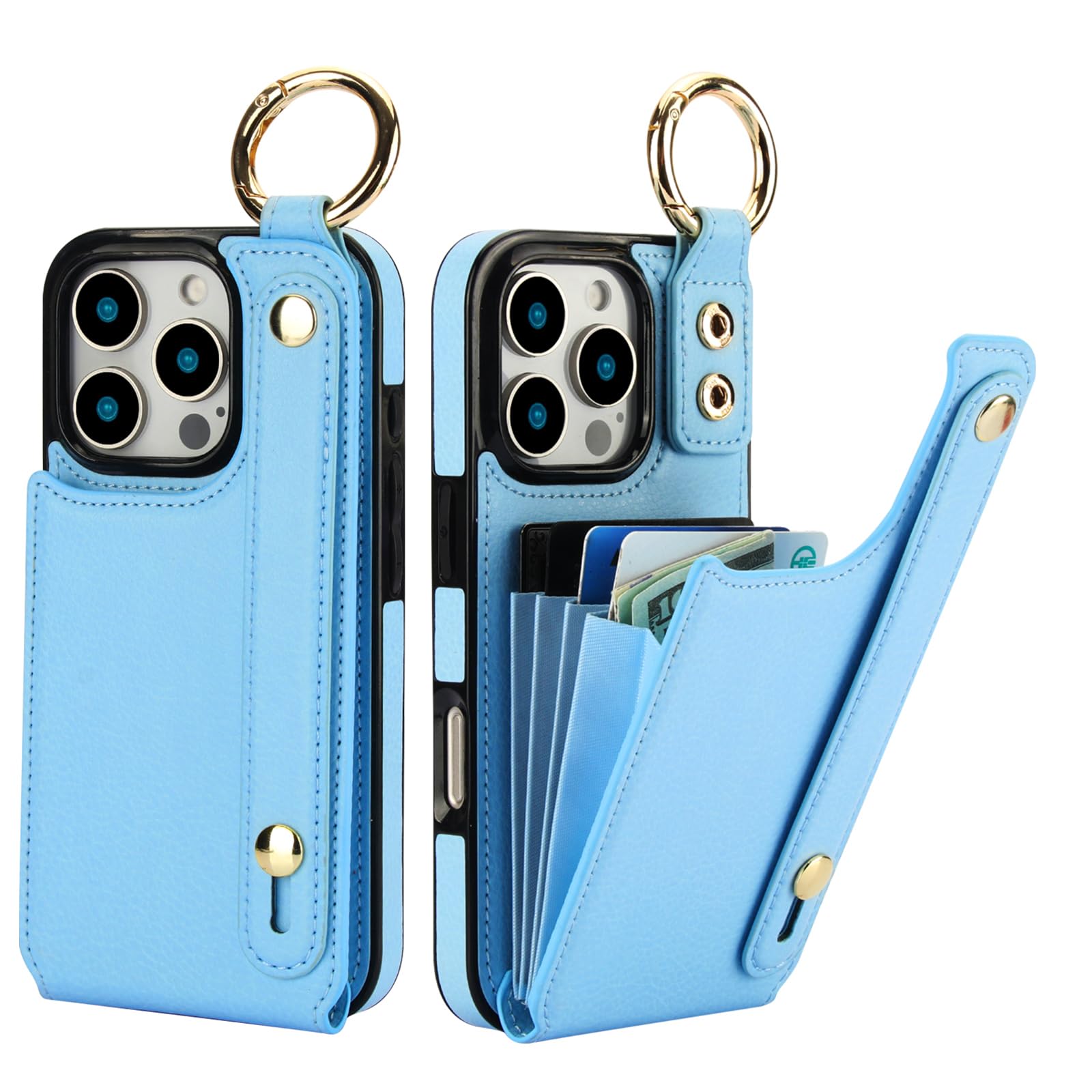 Folosu for iPhone 16 Pro Wallet Case with Card Holder, Hand Wrist Strap Loop Holder Kickstand, RFID Blocking Finger Grip Ring PU Leather Double