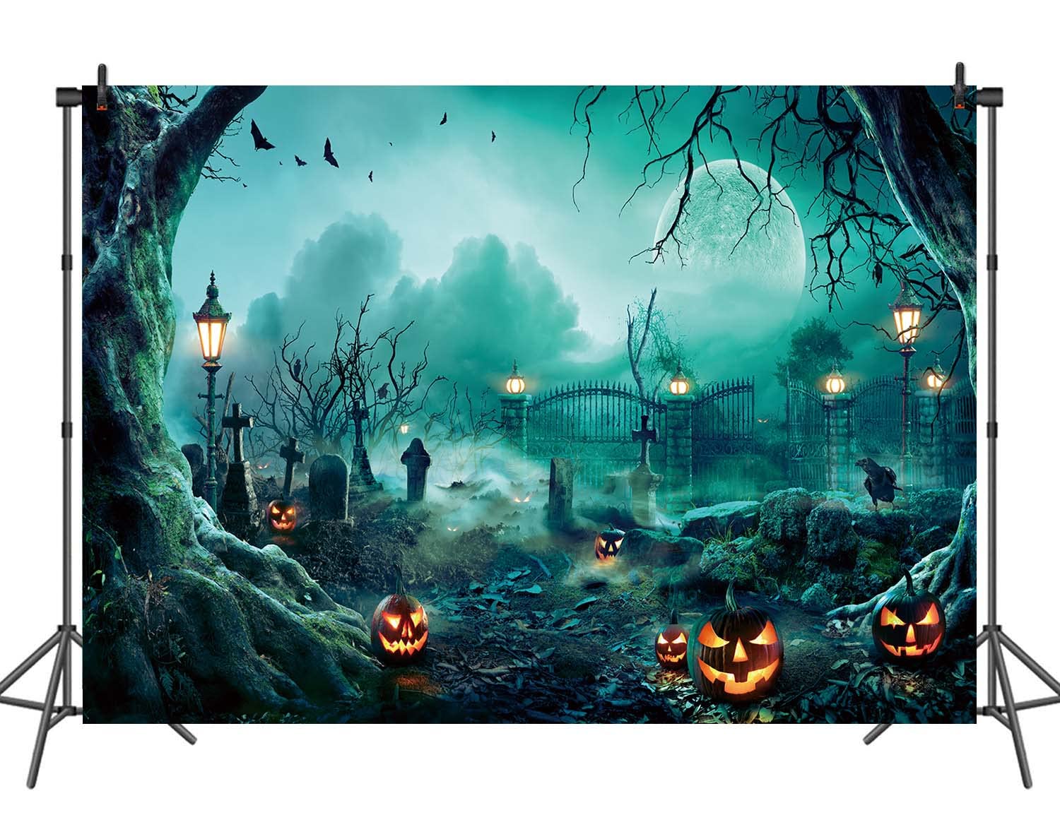 Toile De Fond Halloween 8x6ft - Cimetière Effrayant Avec Citrouilles, Chauves-Souris Et Maison Hantée