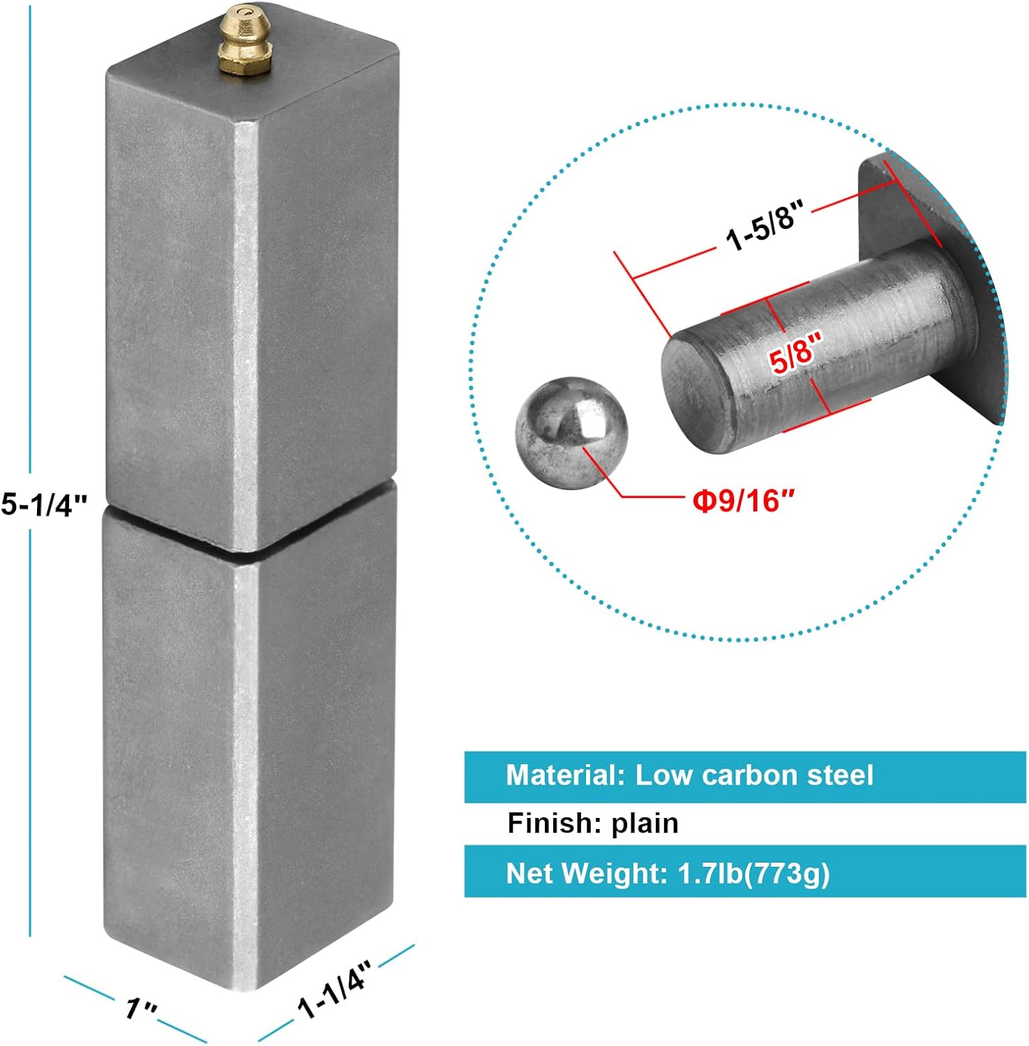 2 Pack 5" Rectangular Square Weldable Barrel Hinges with Grease Zerk, Heavy Duty Weld On Block Hinges for Trailer Gate