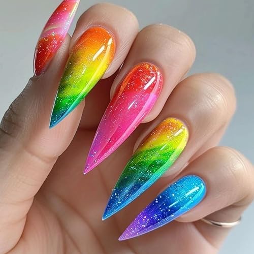 Stiletto Gradient False Nails, 24pcs Acrylic Press-On Nails, Glitter Glue,