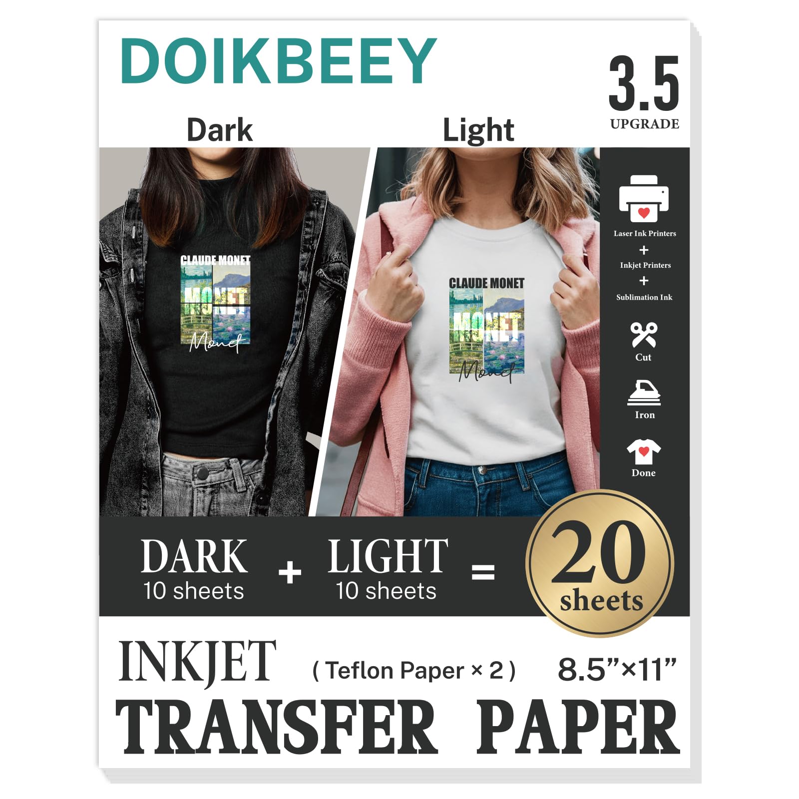 DOIKBEEY Upgraded version 3.5 Heat Transfer Paper for T Shirts - 20 Pack Mixed Light & Dark Iron on Transfer Paper, 8.5" x 11" Printable Heat Transfer