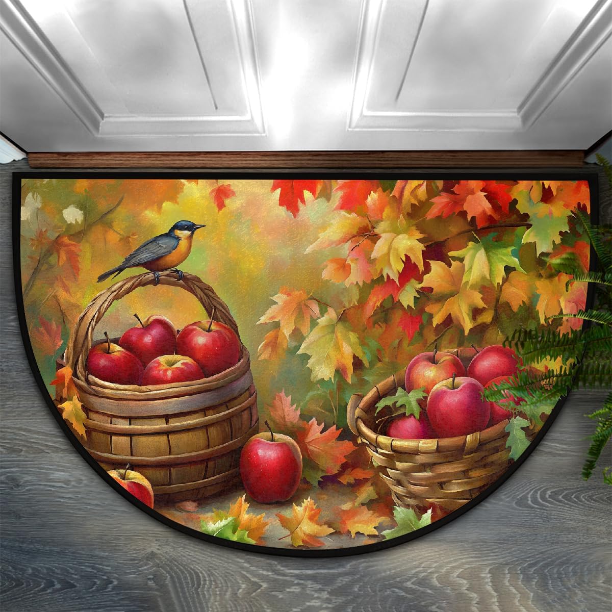 Half Round Door Mat Apple Bird Fall Non Slip Absorbent Semi Circle Area Rugs Washable Half Moon Floor Mats for Indoor Outdoor Patio Kitchen Bathroom Entryway Fireplace Home Carpet Decor