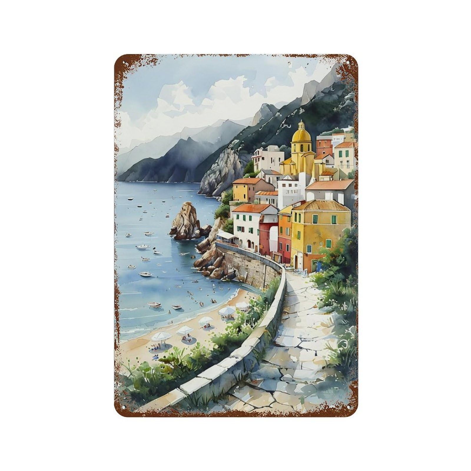 xiaoxiaoshen Vintage Landmark Cinque Terre Coastal Town Wall Decor Art Metal Tin Poster Modern Home Decor Art Home Bar Shop Decorations Vintage Sign 30x20cm