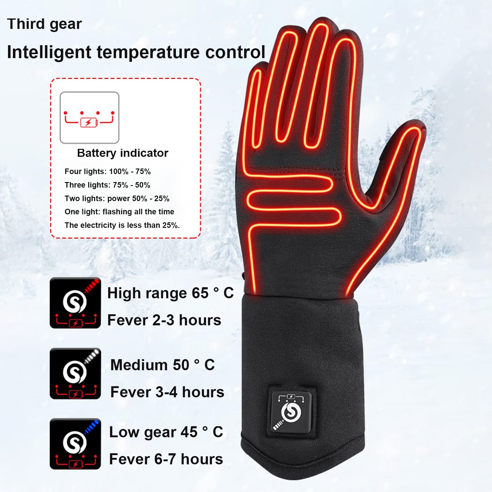 Gants Chauffants Chauds d'hiver Sports de Plein Air Chauffage Électrique Cyclisme Ski Alpinisme Gants à Écran Tactile Contrôle Intelligent de la Température,Red,S(16CM)
