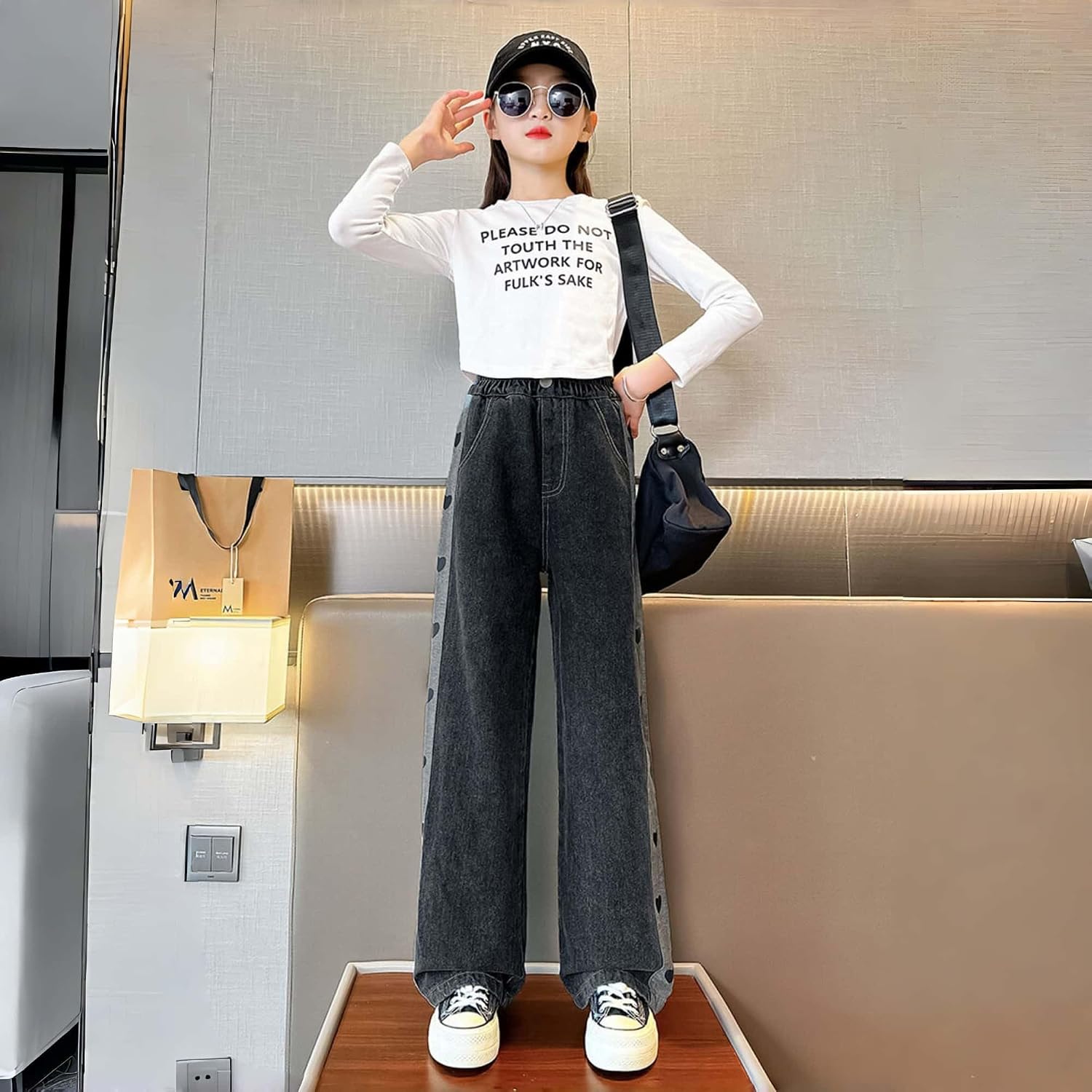 Girl's Baggy Jeans Elastic Waist Wide Leg Denim Pants,006,13-14Y