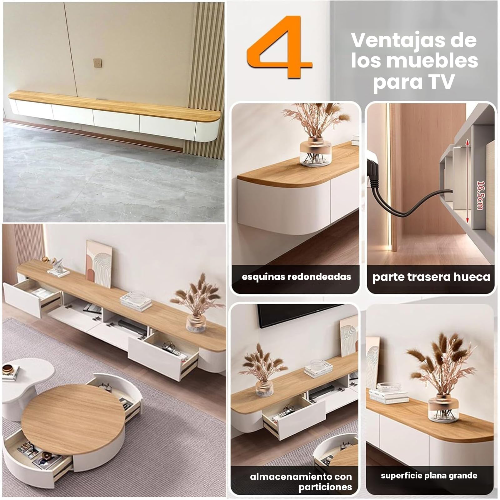 Mueble TV Flotante Negro, Mueble TV Suspendido Para Pared, Consola Entretenimiento Moderna, Armario Televisión con Puertas y Cajones Ideal para Salón y Dormitorio (Color madera, 120cm/47.2in)