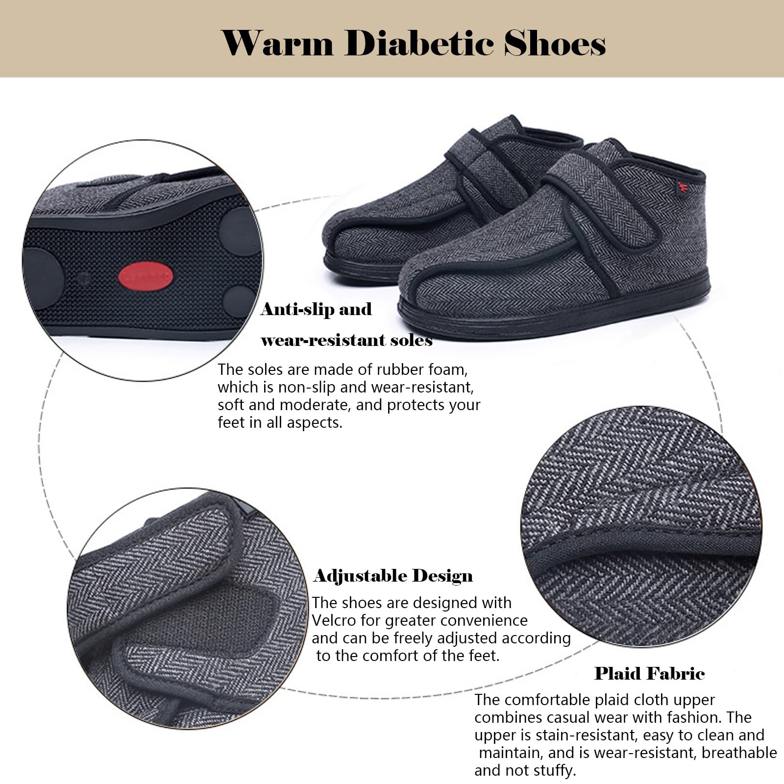 Bumuam Chaussures Diabétiques,Ajustable Chaussures, Chaud