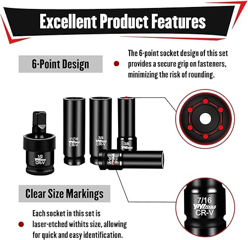 Miniatura 10 de YIYITOOLS Juego de llaves de vaso de impacto poco profundas de 12 pulgada (0.315-0.945 in), juego de llaves métricas, 6 puntos, acero CR-V para