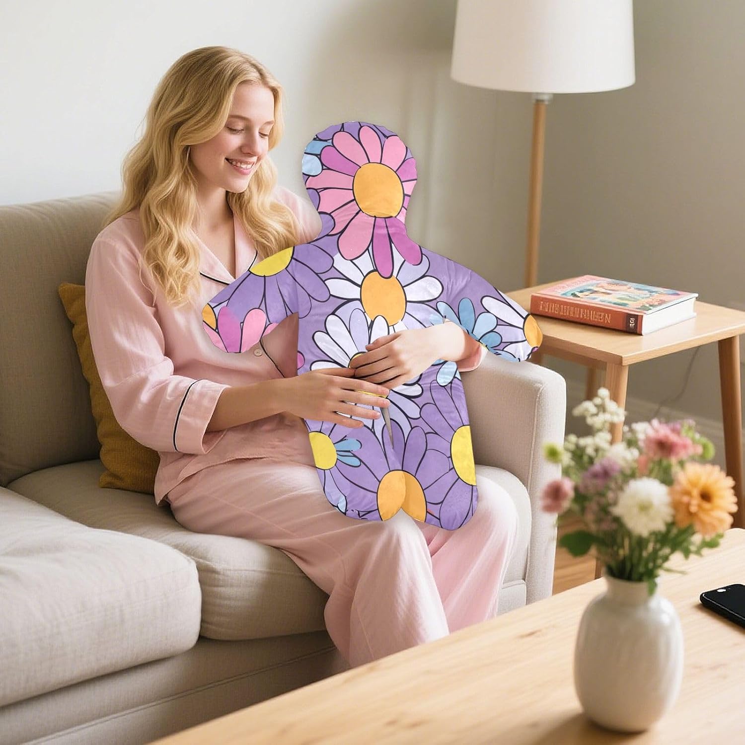 Purple Daisy Human-Shaped Pillow Soft Body Pillows Washable Velvet Pillows for Anxiety Relief Sleeping Cuddling & Support