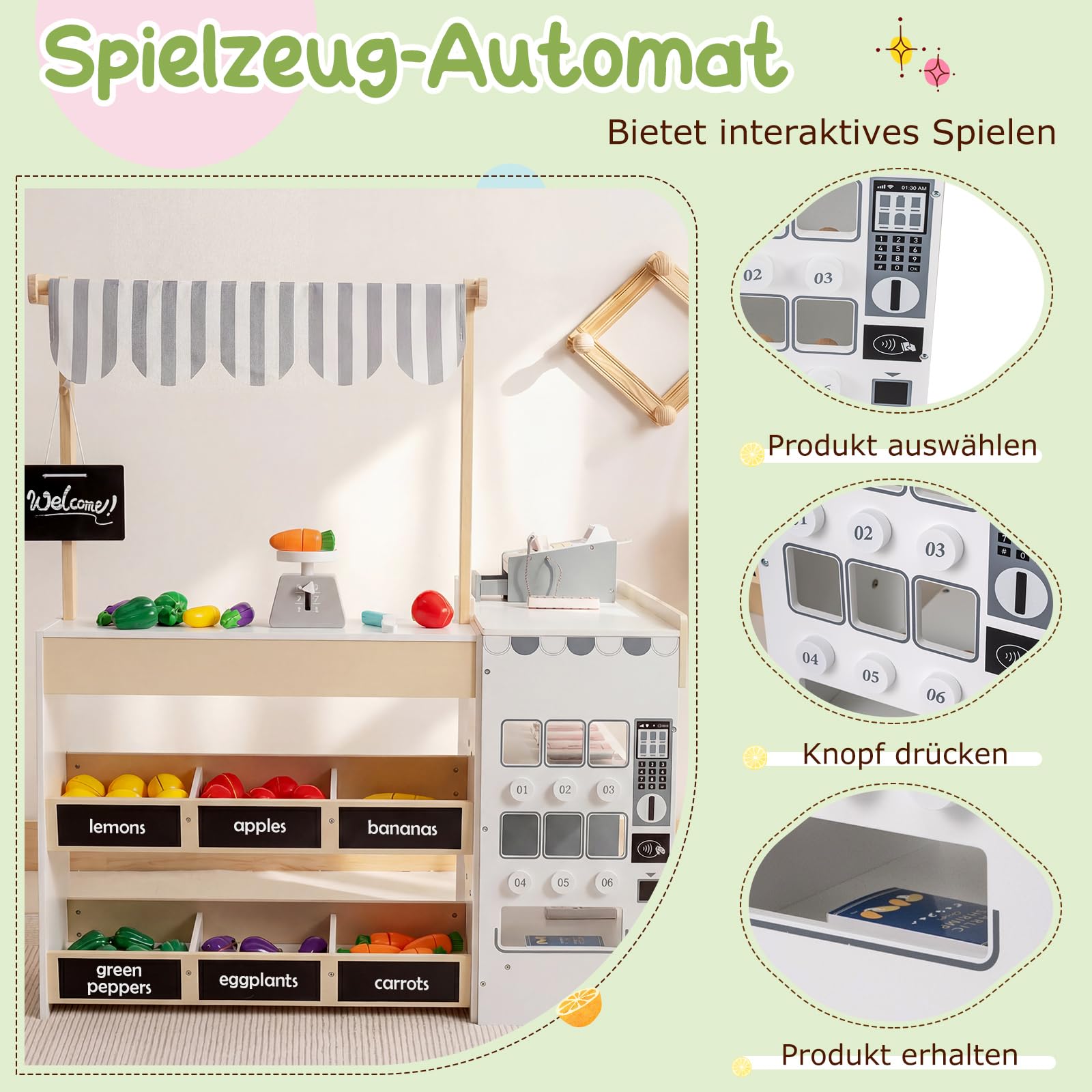 COSTWAY Kinder Kaufladen mit Einkaufswagen, Kaufmannsladen Holz mit Verkaufsautomat Spielzeug, Kasse, Ladentheke, Schiefertafeln, Regale & Spiellebensmittel, Supermarkt für Kinder ab 3 Jahren