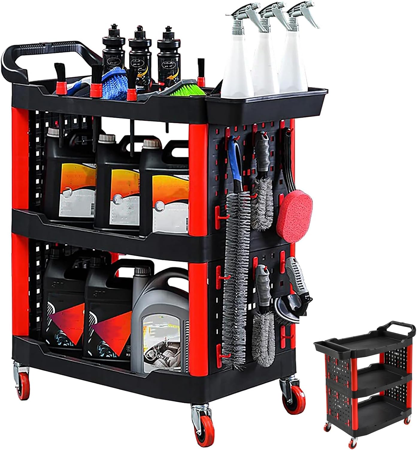 Trolley Workshop Serving Trolley with Perforated Board and 24 Hooks Workshop Trolley 3 Levels Assembly Trolley Workshop Hand Trolley Workshop for Transport and Storage Load Capacity 100 kg